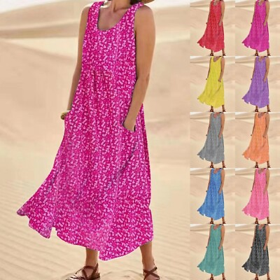 #ad Ladies Long Maxi Dress Crew Neck Summer Beach Sundress Women Casual Party $24.12