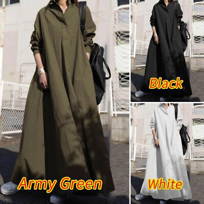 #ad Womens Long Sleeve Maxi Dress Casual Loose Baggy Kaftan Long Shirt Dress Autumnamp; GBP 18.26