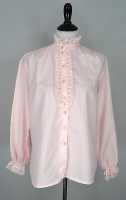 Vtg SEARS Womens Pink Ruffle Hem Collar Button Up Lace Top Shirt Size Large $24.99
