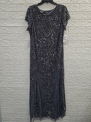 #ad New Pisarro Nights Beaded Mesh Maxi Cocktail Dress Smoke Gray Size 12 $119.99