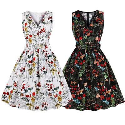 #ad Women Vintage 50s Rockabilly V Neck Floral Print Evening Party Dress Plus Size $24.43
