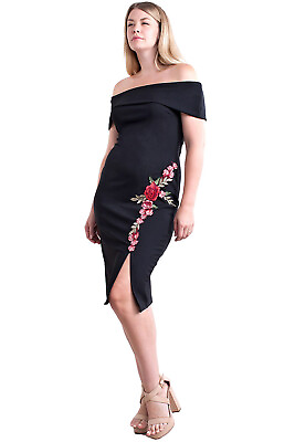 #ad Plus Size Dress Black Cocktail Party Formal Off Shoulder with Red Embroidery 1X. $22.49
