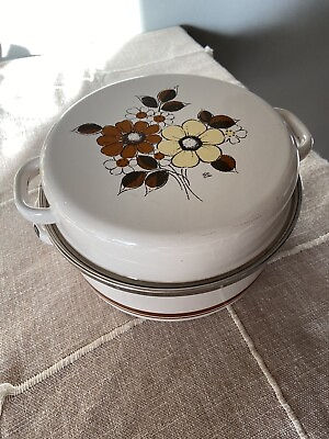 #ad Vintage 1980 Sears GHC Brown Flower Enamel Cook Pot with Lid 4.5quot; T 7.5quot; W $20.00