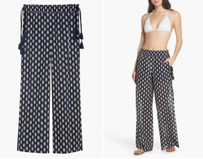 #ad TORY BURCH Navy Ivory Gold Double Diamond Tassel Tie Beach Cover Up Pants S 4 6 $179.25