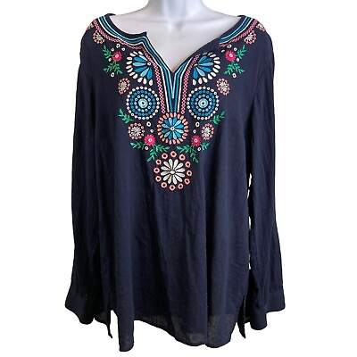 #ad Talbots Womens Embroidered Floral Tunic Top Sz 12 Navy Blue Boho Lagenlook $23.55
