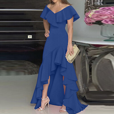 #ad Womens Ruffles Cocktail Evening Ball Gown V Neck Slim Fit Long Asymmetric Dress $22.96