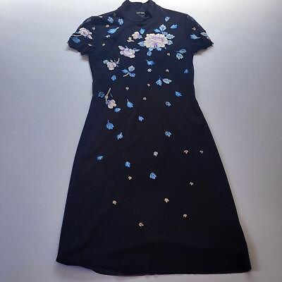 #ad Vivienne Tam Sheer Mesh Party Dress Short Sleeve 1 Long Black Blue Flowers Grass $488.48