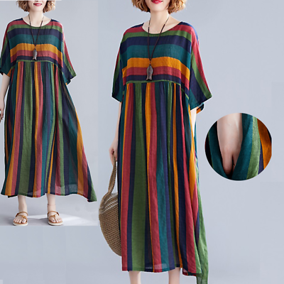 #ad Lady Rainbow Plain Long Maxi Dress Cotton Blend Beach Loose Baggy Breathable $25.73