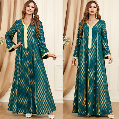 #ad Muslim Abaya Women Dress Long Sleeve Maxi Dress V Neck Kaftan Dubai Party Gown $32.28