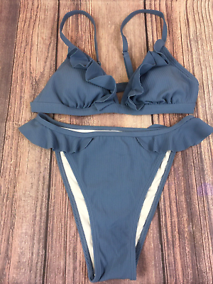 Women#x27;s Sky Blue Ribbed Ruffle Bikini Top and Bottom Medium $7.95