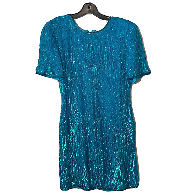 #ad Laurence Kazar NY Womens Sequin Beaded Cocktail Dress Turquoise M Back Zip 90s $65.00