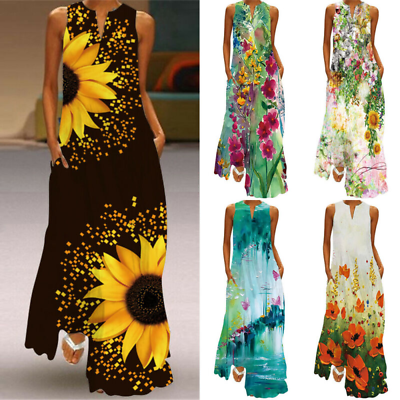 #ad #ad Plus Size Womens Floral Print Sleeveless V Neck Summer Long Kaftan Maxi Sundress $26.87