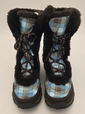 #ad North Face Nuptse Blue Brown Plaid Fur Goose Down Boots Womens Size 7 Excellent $39.99