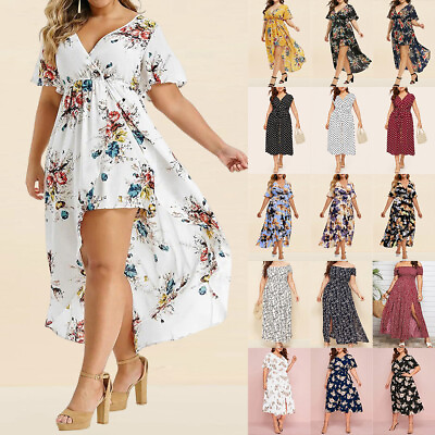 #ad Plus Size Womens Floral Short Sleeve V Neck Sundress Ladies Irregualr Midi Dress $18.39