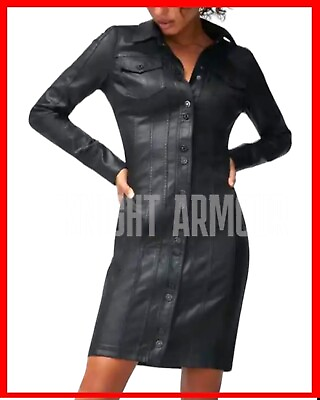 #ad 100% BLACK GENUINE REAL SHEEP LEATHER LADIES WOMAN BODYCON SHIRT PARTY DRESS $69.95