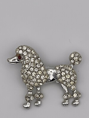 #ad #ad Vintage Silver Tone Poodle Brooch Pin with Green Rhinestone Eyes $18.00