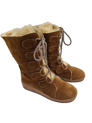 #ad Winter Womens Boots Size 7 Brown Suede Leather Lace Up Sherpa Lined EUC $20.07