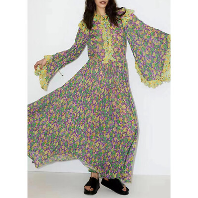 Occdident Women#x27;s Holiday Floral Printed Dress Long Sleeve Ruffled Long Dresses $104.54