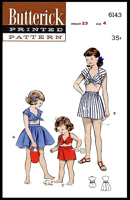 BUTTERICK 6143 Summer Girls Beach Pattern Sunsuit PLAYSUIT Tye TOP Skirt Shorts $5.99