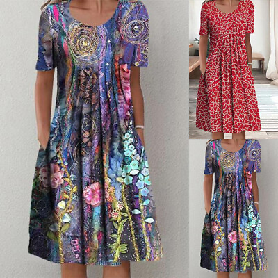 Plus Size Womens Boho Floral Midi Dress Summer Holiday Beach Pockets Sundress $22.89