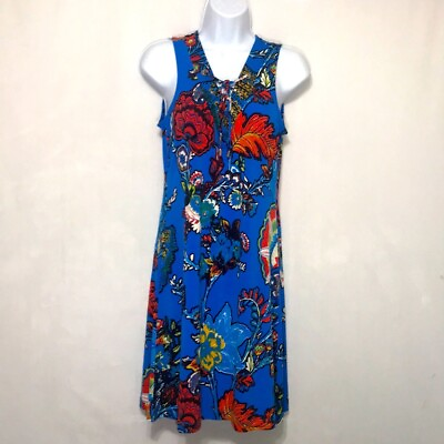 #ad Women#x27;s Blue Floral Print Sleeveless Dress Petite Medium $42.00