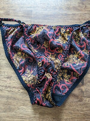 #ad Vintage Lingerie Satin String Bikini Panties Size 8 Black Red Gold Designs $49.00