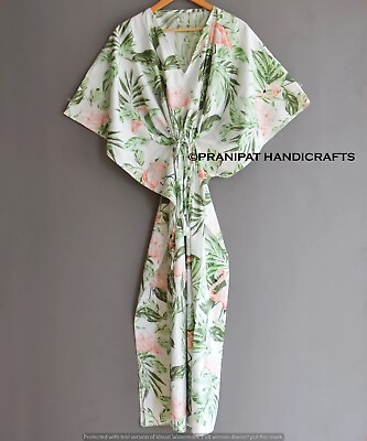 Women Hippie Cotton Summer Sleepwear Flamingo Print White Long Maxi Caftan Dress $22.31