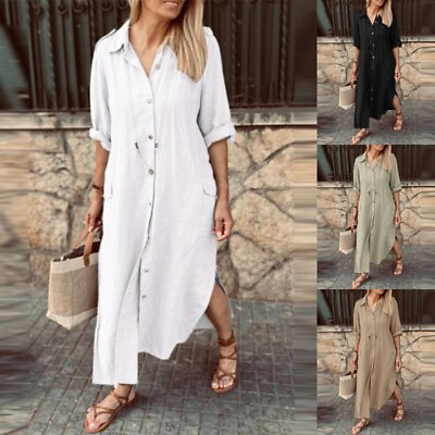 #ad Ladies Maxi Dresses Button Down Shirt Dress Women Casual Holiday Long Sleeve $31.89