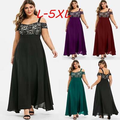 Women Plus Size Dress Cold Shoulder Floral Lace Party Evening Camis Long Dress $17.09