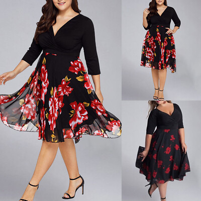 #ad Plus Size Women Floral Chiffon Dress Summer Evening Party Elegant Midi Dresses $18.57