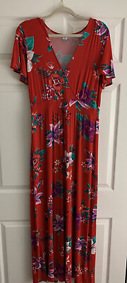 Old Navy Dress Women#x27;s Medium Tall Red Floral Maxi Short Sleeve Stretch Pullover $22.88