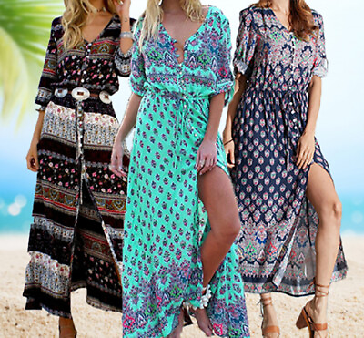 Women#x27;s Casual Sundress Boho Beach Slit Long Maxi Floral Summer Beach Dress $18.99
