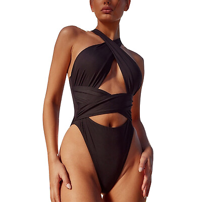#ad New Women#x27;s Backless Swimsuit Solid Color Bikini 1 Piece Halter Swimsuit $15.19
