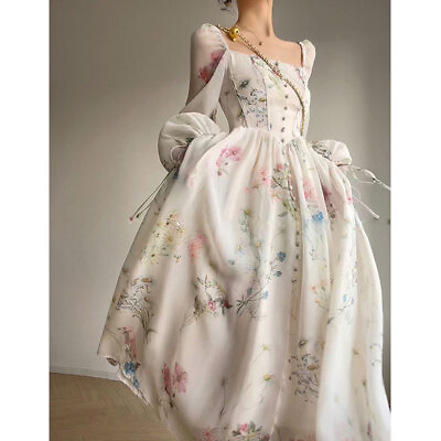 #ad #ad Elegant Floral Midi Beach Dress Chiffon Long Sleeve Evening Party Dress Woman Sz $91.72