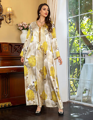 #ad Abaya Islamic Dubai Women Muslim Maxi Dress Floral Kaftan Modest Party Arab Robe $37.31