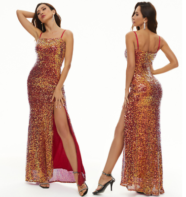 #ad Women#x27;s Sequin Evening Party Long Dress Side Slit Slim Sexy Braces Skirt Wedding $53.71
