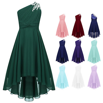 #ad Kids Girl One Shoulder Chiffon Dress Wedding Bridesmaid Gown Formal Party Dress $18.39