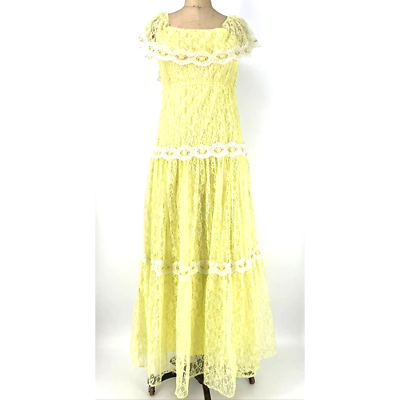 #ad #ad VTG 70s Pastel Yellow Lace Ruffle Floral Boho Prom Dress $202.50
