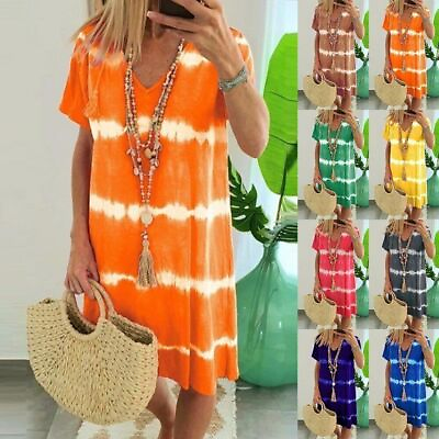 #ad Women Tie Dye Summer Holiday Dress Ladies Boho Beach Loose Sun Dress Plus Size $19.47