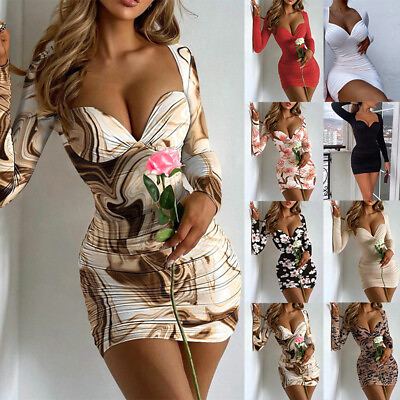 #ad Women Evening Party Sexy Dress Bodycon Slim V neck Dresses Long Sleeve Sundress $19.94