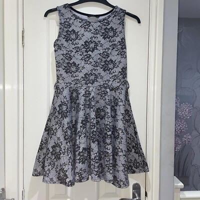 #ad Miso Black Grey Faux Lace Floral Sleeveless Skater Party Dress Short VGC Size 12 GBP 11.99