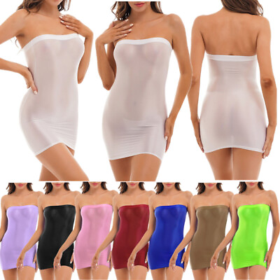 Women#x27;s Glossy Transparent Bodycon Tube Dress Sexy Strapless Mini Pencil Dresses $8.60