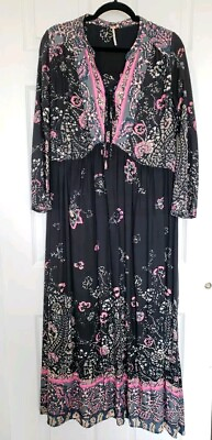 #ad Free People Maxi Dress Womens Black Boho V Neck Tie Size S Floral $26.75