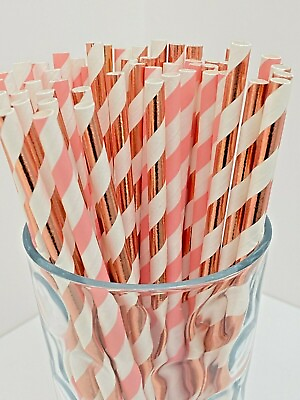 Rose Gold amp; Light Pink Paper Biodegradable Straws 25 50 100 200 pcs Party GBP 3.99