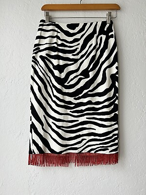 #ad Hugo Buscati Pencil Skirt Black White Zebra Animal Print Red Bead Tassels Size 2 $35.00
