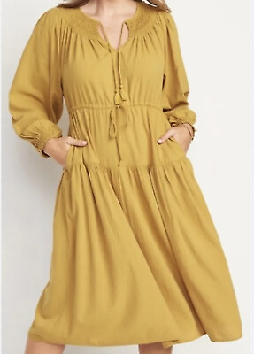 Old Navy Women#x27; Peasant Midi Maxi Dress Boho Mustard Yellow Plus Size L $19.65