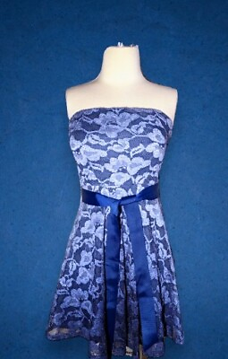 AS U WISH Junior#x27;s Size Small Short Cocktail Dress STRAPLESS Blue Floral Lace $22.99