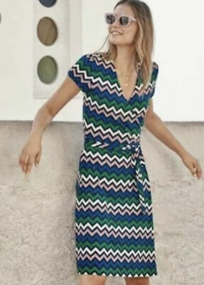 Boden Dress Short Sleeve “summer” 14L Blue Green Stretch Knee Length Wrap Jersey $39.99