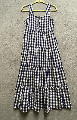 #ad Who What Wear Dress Womens Extra Small Blue White Long Sleeveless Gingham Linen $20.00
