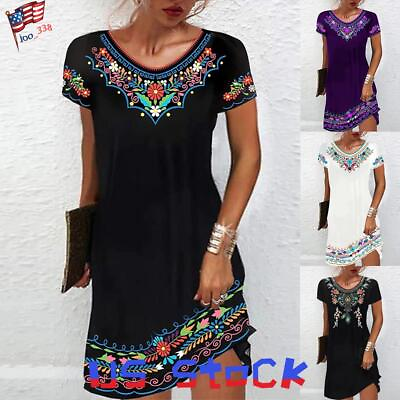 #ad Plus Size Womens Boho Floral Dress Beach Holiday Casual Loose Midi Dress $17.38